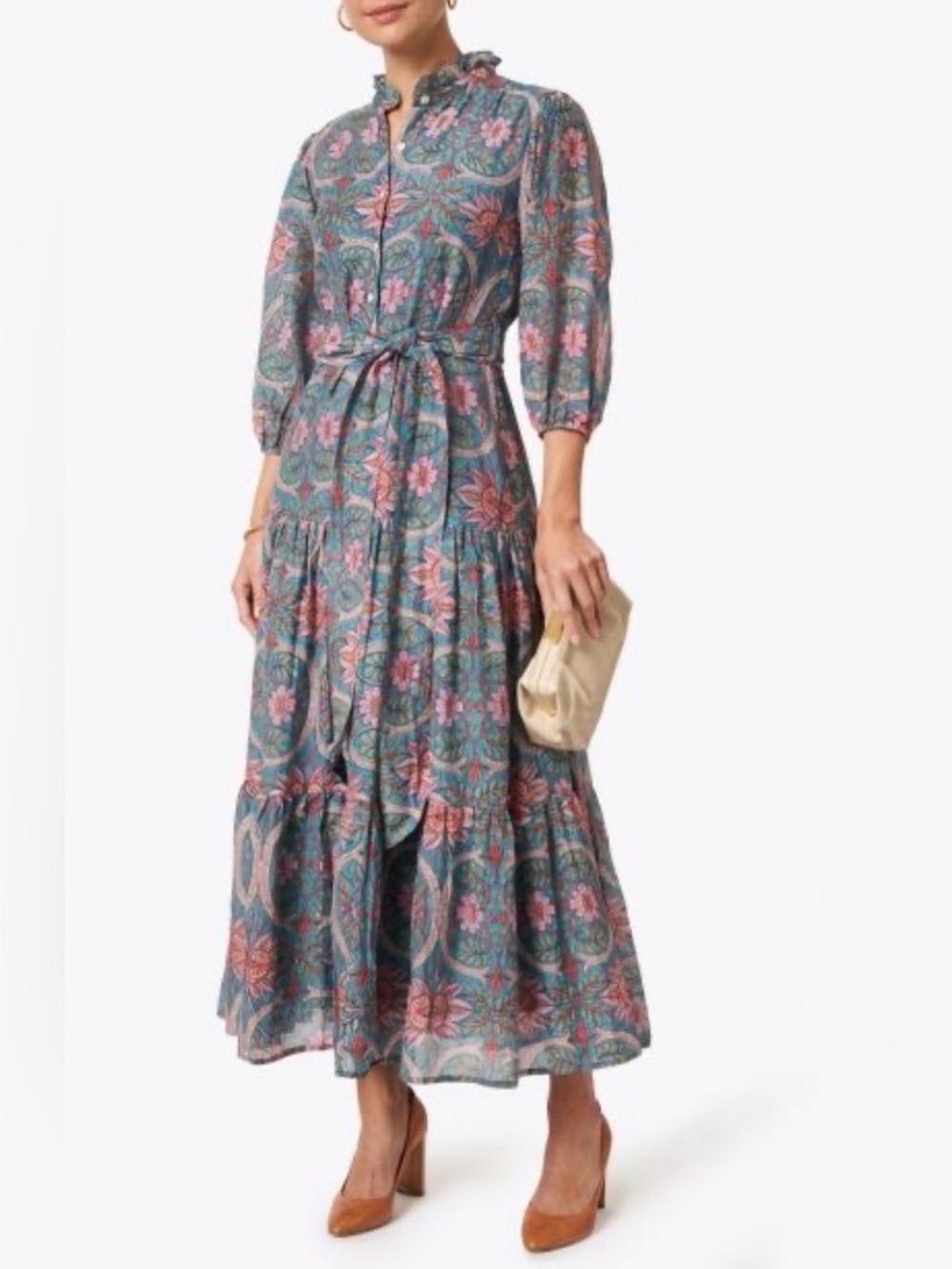 Oliphant Pink Teal Button Down Belted Maxi Dress Cotton Hand Block Printed Sz L